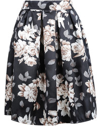 Black Floral Print Midi Skirt