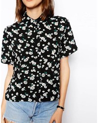 Asos Collection Short Sleeve Boxy Blouse In Mono Floral Print