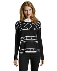 Jamison Black Wool Blend Knit Tribal Printed Long Sleeve Crewneck Sweater