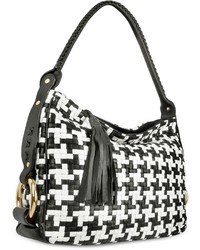Fontanelli Black And White Houndstooth Woven Leather Tote Bag