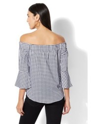 New York & Co. Bell Sleeve Off The Shoulder Shirt Gingham Tall
