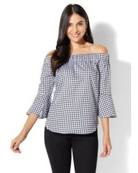New York & Co. Bell Sleeve Off The Shoulder Shirt Gingham Tall