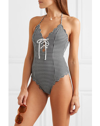 Marysia Broadway Scalloped Lace Up Gingham Stretch Crepe Halterneck Swimsuit