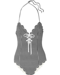 Marysia Broadway Scalloped Lace Up Gingham Stretch Crepe Halterneck Swimsuit