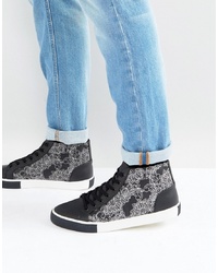 ASOS DESIGN Asos Mid Top Trainers In Black And White With Contrast Pattern