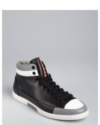 Prada Sport Black And Grey Leather High Top Sneakers