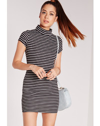 Missguided Short Sleeve High Neck Dress Black Stripe