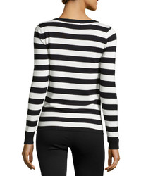 Neiman Marcus Round Neck Striped Sweater W Heart Blackwhite