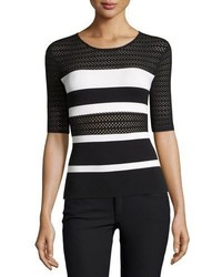 Bailey 44 Staggered Start Striped Lace Short Sleeve Sweater Blackwhite