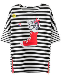 Black White Striped Shoes Cat Print T Shirt