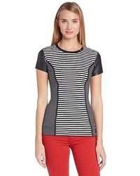 Bailey 44 Retrograde Mixed Stripe Short Sleeve Top With Leather Sleeves