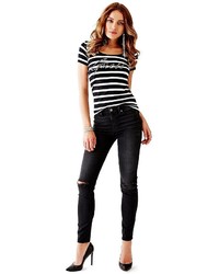GUESS Short Sleeve Striped Embellished Logo Tee