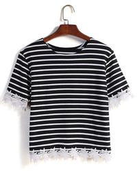 Striped Lace Embellished T Shirt
