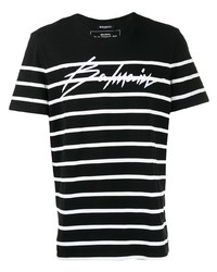 Balmain Striped Signature Logo T Shirt