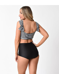 Unique Vintage Black White Stripe Crop Top High Waisted Two Piece Swimsuit