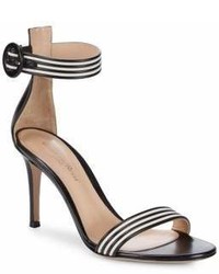 Black and White Horizontal Striped Leather Heeled Sandals