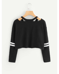 Romwe Cut Out Neck Varsity Striped Tee