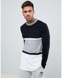 ASOS DESIGN Muscle Fit Longline Long Sleeve T Shirt With Curved Hem In Monochrome Colour Block