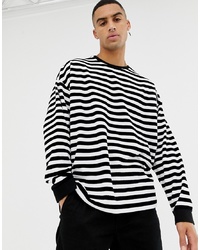 ASOS DESIGN Oversized Velour Striped Long Sleeve T Shirt In Black And White