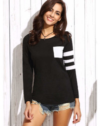 Romwe Varsity Striped Tee With Patch Pocket