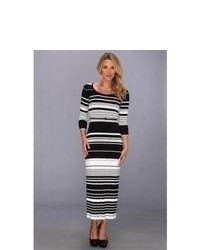 Calvin Klein Long Sleeve Striped Maxi Dress With Belt Dress Blackwhite