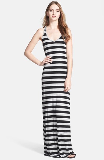 Rae Mode Maxi Dress Gray and White Horizontal Stripes Stretch