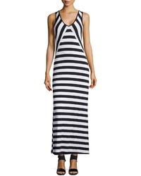 Neiman Marcus Striped V Neck Sleeveless Maxi Dress Blackwhite