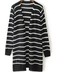 Black and White Horizontal Striped Open Cardigan