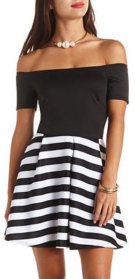 black and white striped off the shoulder dress