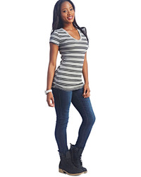 Wet Seal Double Striped V Neck Tee