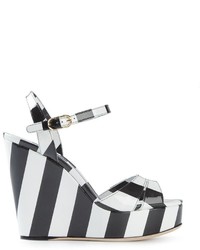 Black and White Horizontal Striped Wedge Sandals