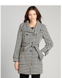Calvin Klein Black And White Houndstooth Spread Collar Belted Wool Coat