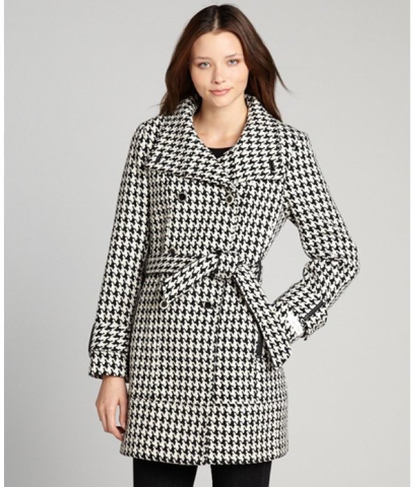 Calvin Klein Black And White Houndstooth Spread Collar Belted Wool Coat,  $239 | Bluefly | Lookastic