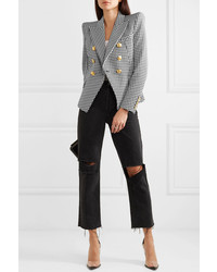 Balmain Double Breasted Houndstooth Cotton Blend Jacquard Blazer