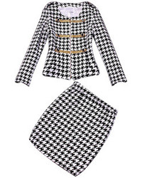 Choies Houndstooth Double Breasted Two Piece Suit With Pencil Skirt