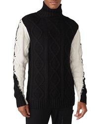 KARL LAGERFELD PARIS Contrast Cable Knit Turtleneck Wool Blend Sweater