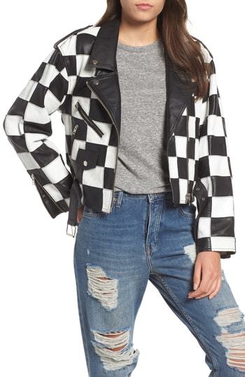 Nauwkeurig Zwaaien metro Topshop Checkerboard Leather Moto Jacket, $370 | Nordstrom | Lookastic