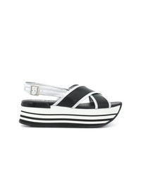 Black and White Leather Flat Sandals