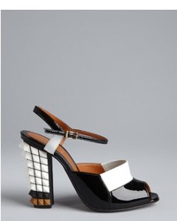 Fendi Black And White Leather Spiked Stacked Heel Sandals