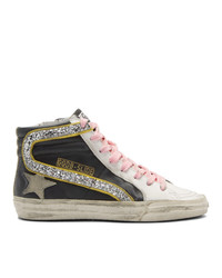 Golden Goose Black And White Glitter Flash Slide High Top Sneakers