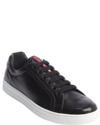 Prada Black And White Leather Lace Up Sneakers