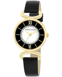 Anne Klein Ladies Goldtone Glitz Watch With Two Tone Dial And Black Leather Strap
