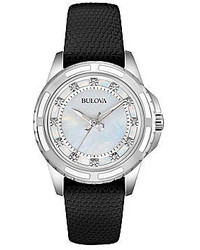 Bulova White Mother Of Pearl Black Leather Diamond Accent Watch 98p139