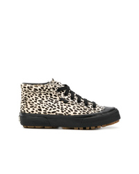 Black and White Leopard Leather High Top Sneakers
