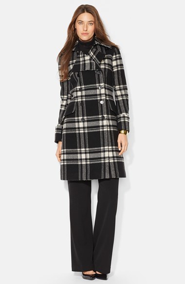 Lauren Ralph Lauren Plaid Double Breasted Wool Blend Coat, $498