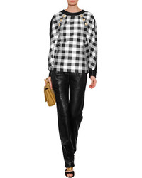 Balmain Silk Checked Top With Leather Detailing