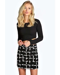 Women's Black Embellished Crew-neck Sweater, Black and White Plaid Mini  Skirt, Black Studded Leather Mid-Calf Boots, Grey Leather Satchel Bag