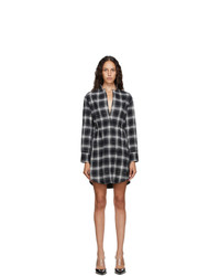 Off-White Black And Green Check Stand Collar Shirt Dress