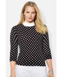 Lauren Ralph Lauren Detachable Woven Collar Polka Dot Sweater Black Pearl Large