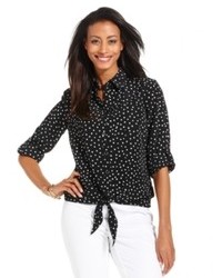 Charter Club Top Long Sleeve Polka Dot Tie Front